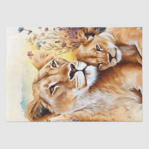 Lion Cub Wildflower Watercolor Decoupage Tissue Paper