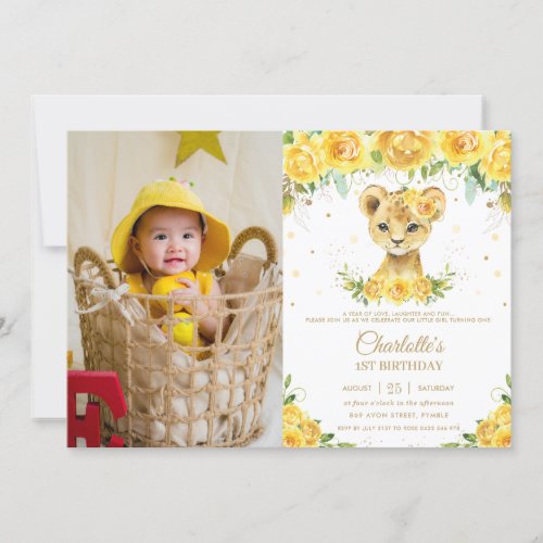 Lion Cub Yellow Floral Gold 1st Birthday Photo Invitation
