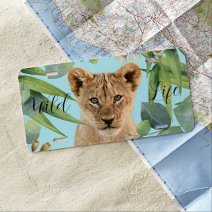 Lion Cube Cute Modern Teal Leaf Jungle License Plate
