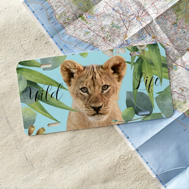 Lion Cube Cute Modern Teal Leaf Jungle License Plate (In Situ)