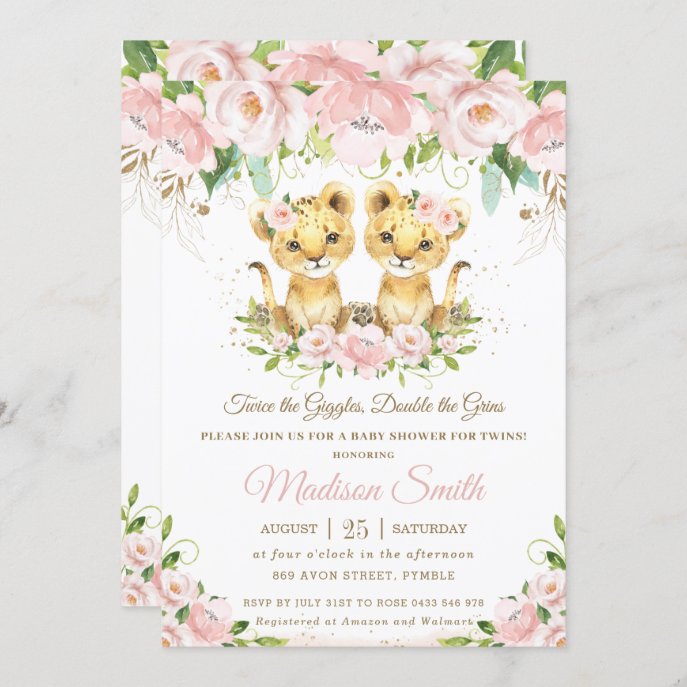 Lion Cubs Blush Pink Floral Twins Baby Shower Invitation