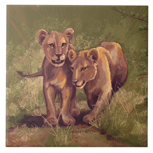 Lion Cubs Ceramic Tile (Front)