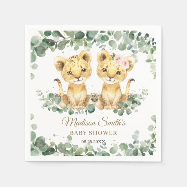 Lion Cubs Greenery Twin Boy Girl Baby Shower  Napkins (Front)