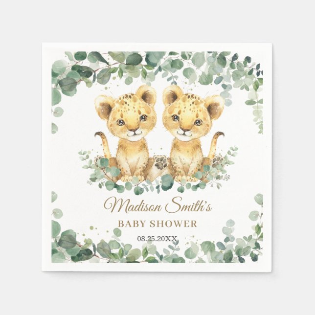 Lion Cubs Greenery Twin Boys Baby Shower  Napkins (Front)