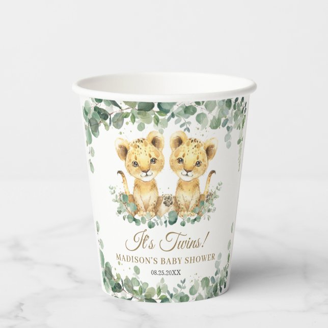 Lion Cubs Greenery Twin Boys Baby Shower  Paper Cups (Back)