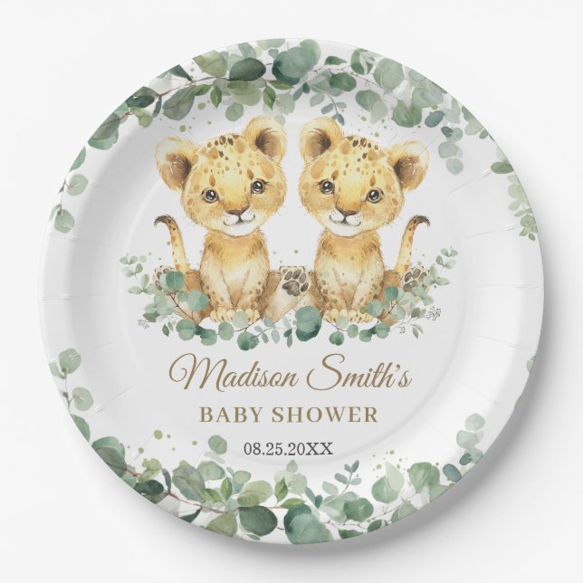 Lion Cubs Greenery Twin Boys Baby Shower  Paper Plates (Front)