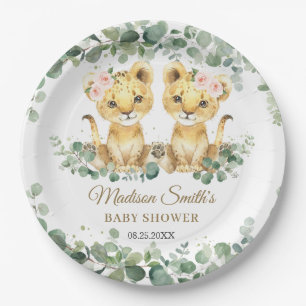 Lion Cubs Greenery Twin Girls Baby Shower Paper Plates