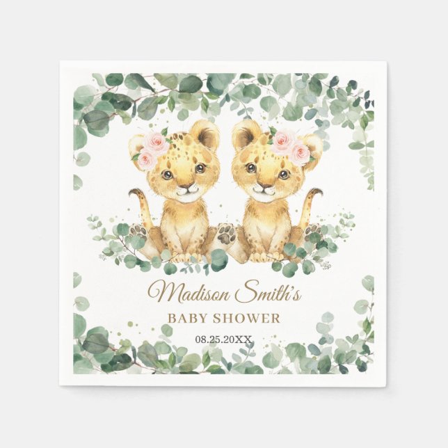 Lion Cubs Jungle Greenery Twin Girls Baby Shower  Napkins (Front)