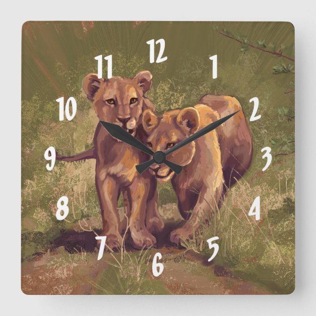 Lion Cubs Square Wall Clock (Front)