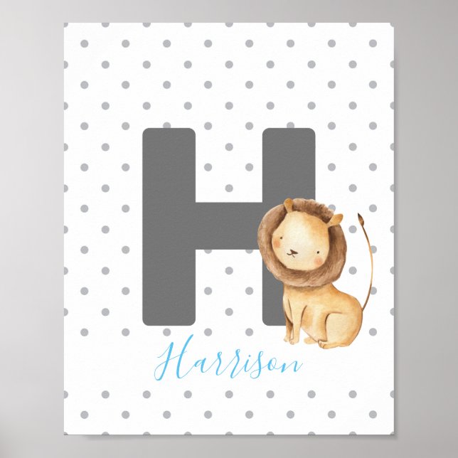 Lion Cute Personalized Custom Baby Name Nursery Poster (Front)