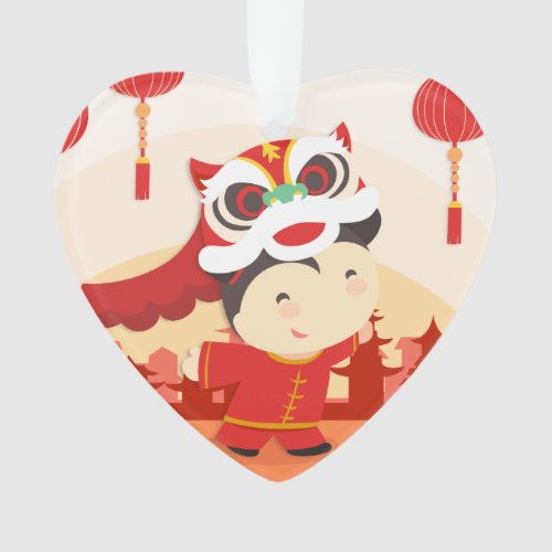 Lion Dance Kid Chinese Lunar New Year Heart AO Ornament