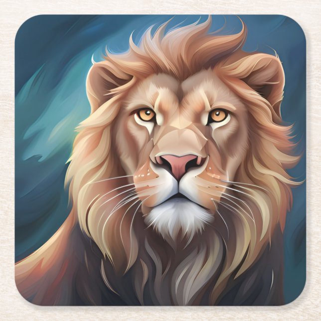 Lion Digital Art Portrait-56556 Square Paper Coaster (Front)