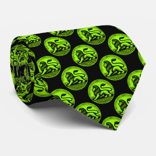 Lion Disk Pattern - Black and Chartreuse on Black Neck Tie