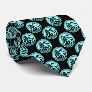 Lion Disk Pattern - Black and Ice Blue on Black Neck Tie