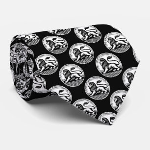 Lion Disk Pattern - Black and White on Black Neck Tie