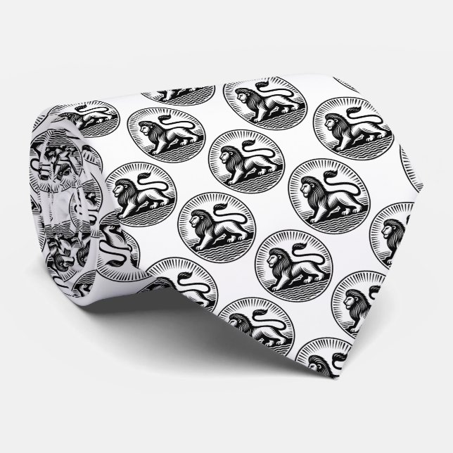 Lion Disk Pattern - Black on White Neck Tie (Rolled)