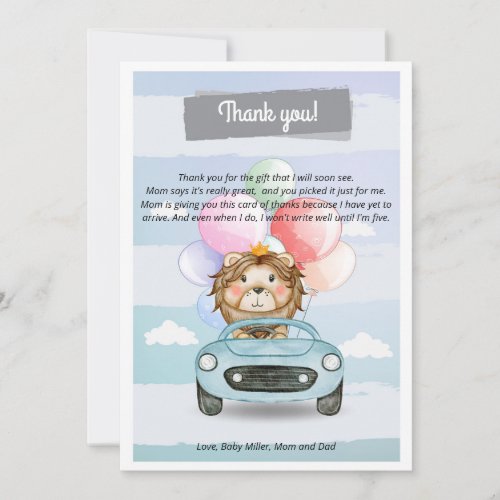 Lion driving boy baby shower thank you card
