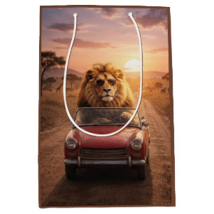 Lion Driving Red Car in African Savannah Medium Gift Bag
