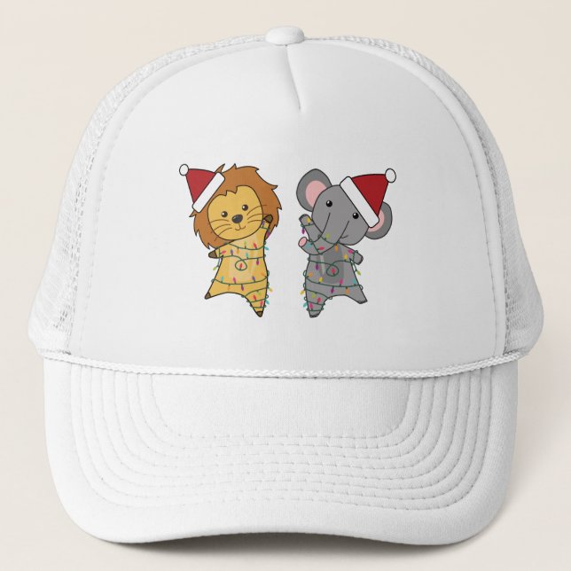 Lion Elephant Christmas Fairy Lights Cute Animals  Trucker Hat (Front)