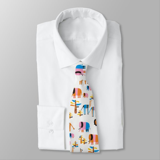 Lion, elephant with  giraffe and trees in white neck tie (Tied)
