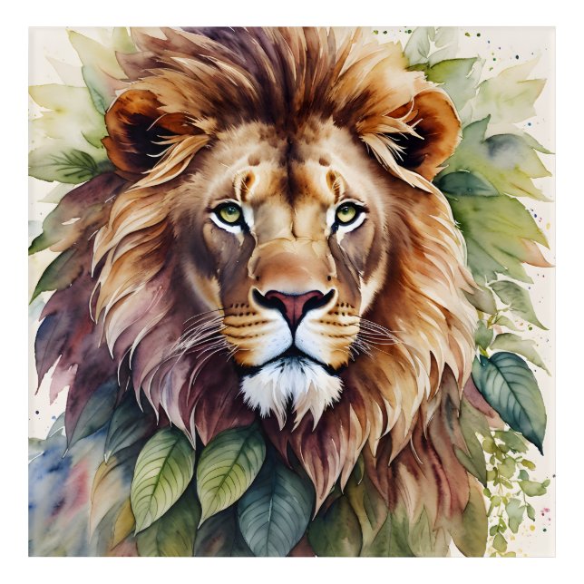 Lion Face Botanical Watercolor Acrylic Print (Front)