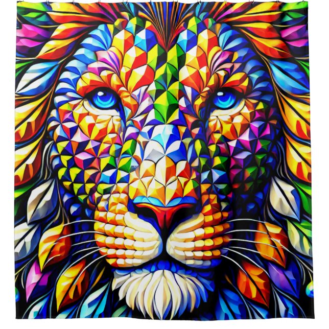 Lion Face Striking Geometric Mosaic Shower Curtain (Front)