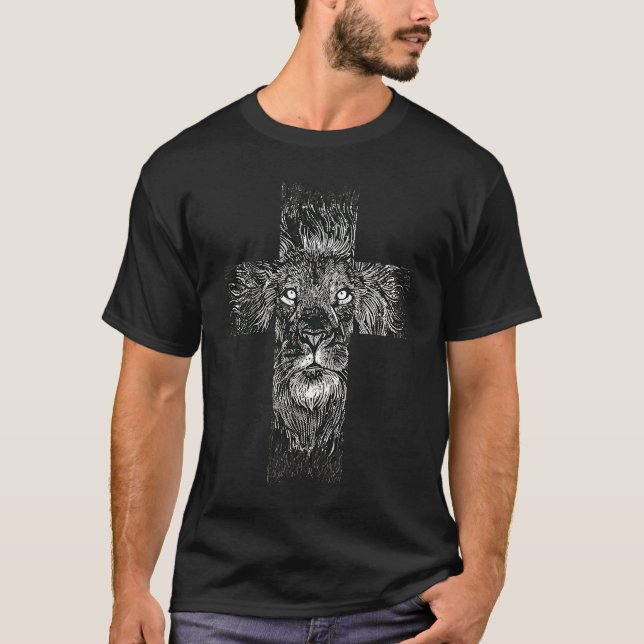 Lion Faith Cross Line Art Religion Animal T-Shirt (Front)