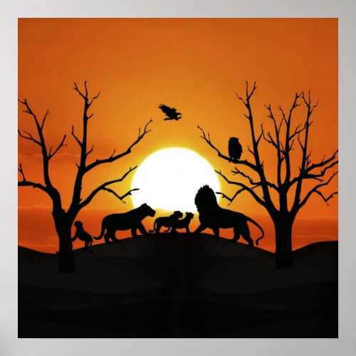 Lion family at sunset Africa Poster