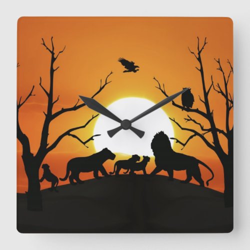 Lion family at sunset Africa Square Wall Clock