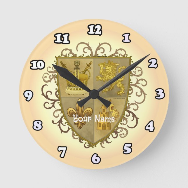 Lion Family Crest Surname Round Clock (Front)