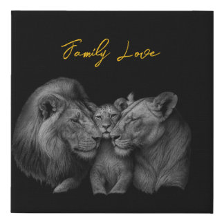 Lion Family Love – Black & White Art Faux Canvas Print