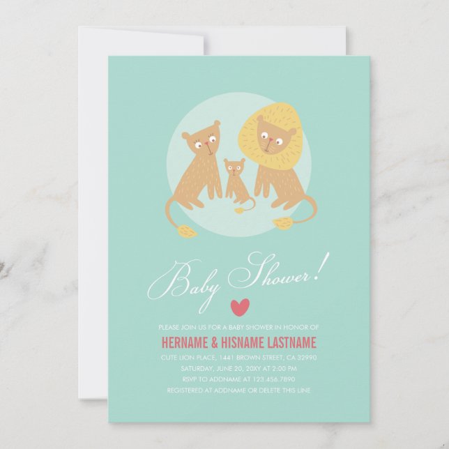 Lion Family Mint Couples Baby Shower Invite Round (Front)