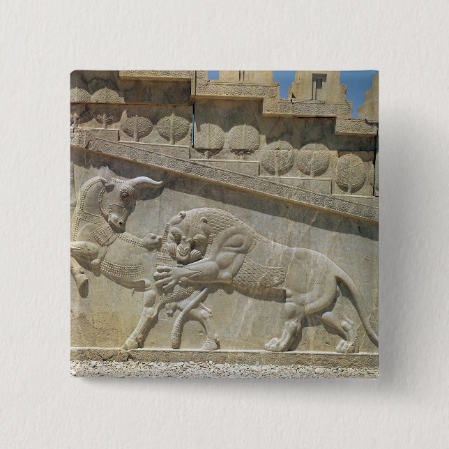 Lion fighting bull, relief east staircase pinback button (Front)
