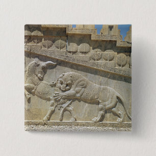 Lion fighting bull, relief east staircase pinback button