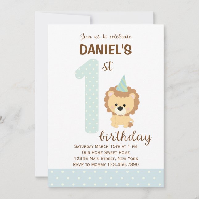 Lion First Birthday Invitation (Blue) (Front)