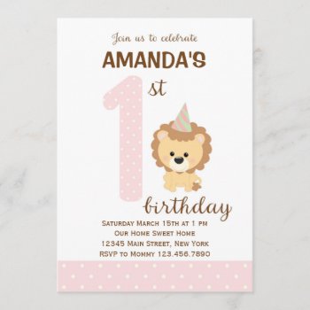 Lion First Birthday Invitation (pink) by melanileestyle at Zazzle