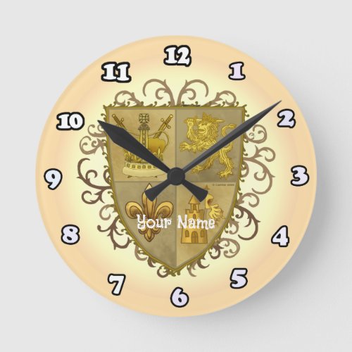 Lion Fleur De Lis Shield surname Round Clock