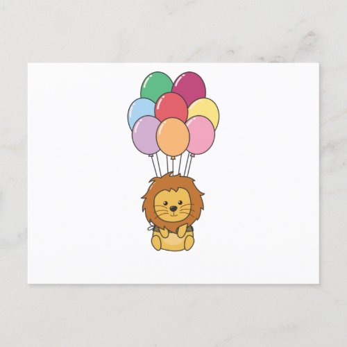 Lion Flies Up With Colorful Balloons Postcard