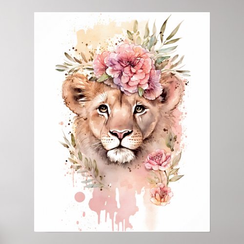 Lion Floral Safari Girl nursery Poster