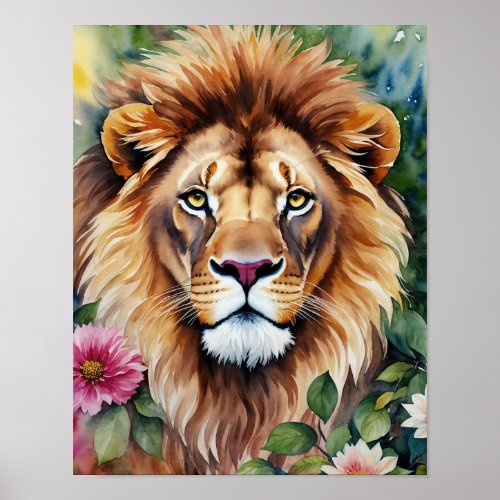 Lion Floral Watercolor Portrait Art Poster