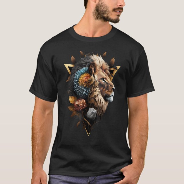 Lion Flowers Artwork Animal Print Art Lion Motif T-Shirt (Front)