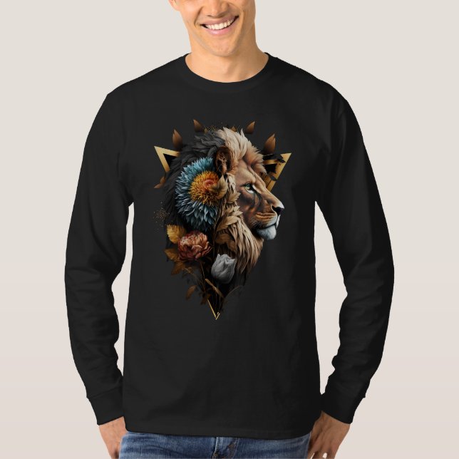 Lion Flowers Artwork Animal Print Art Lion Motif T-Shirt (Front)