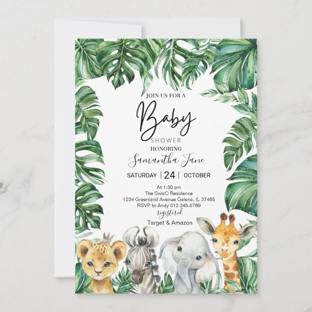 Lion  Giraffe  Elephant Safari Jungle Baby Shower  Invitation (Front)
