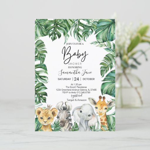 Lion Giraffe Elephant Safari Jungle Baby Shower Invitation 