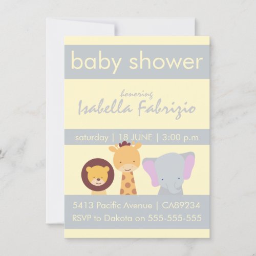Lion Giraffe Elephant Yellow  Grey Baby Shower Invitation