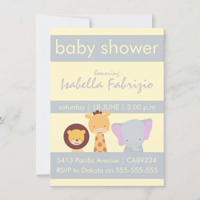 Lion Giraffe Elephant Yellow & Grey Baby Shower Invitation (Front)