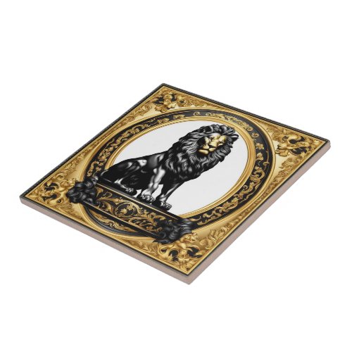 Lion gold and black ornamental frame ceramic tile