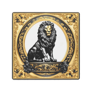Lion gold and black ornamental frame metal print