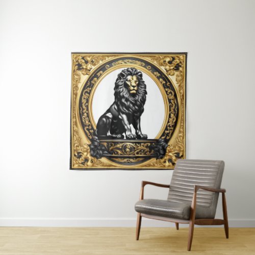 Lion gold and black ornamental frame tapestry