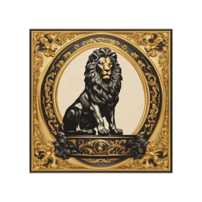Lion gold and black ornamental frame wood wall art (Front)